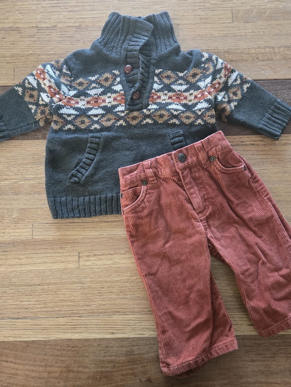 Janie and Jack boy 3-6 months 3-6M Fair Isle Green Sweater Orange Corduroy Pants